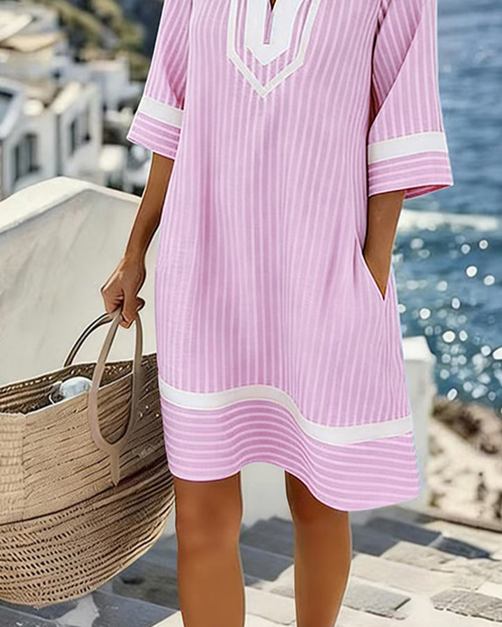 Striped V-Neck Short Sleeve Dress