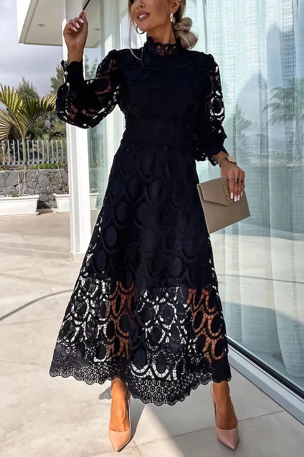 Elegant Crochet Lace Lantern Sleeve Party Midi Dress