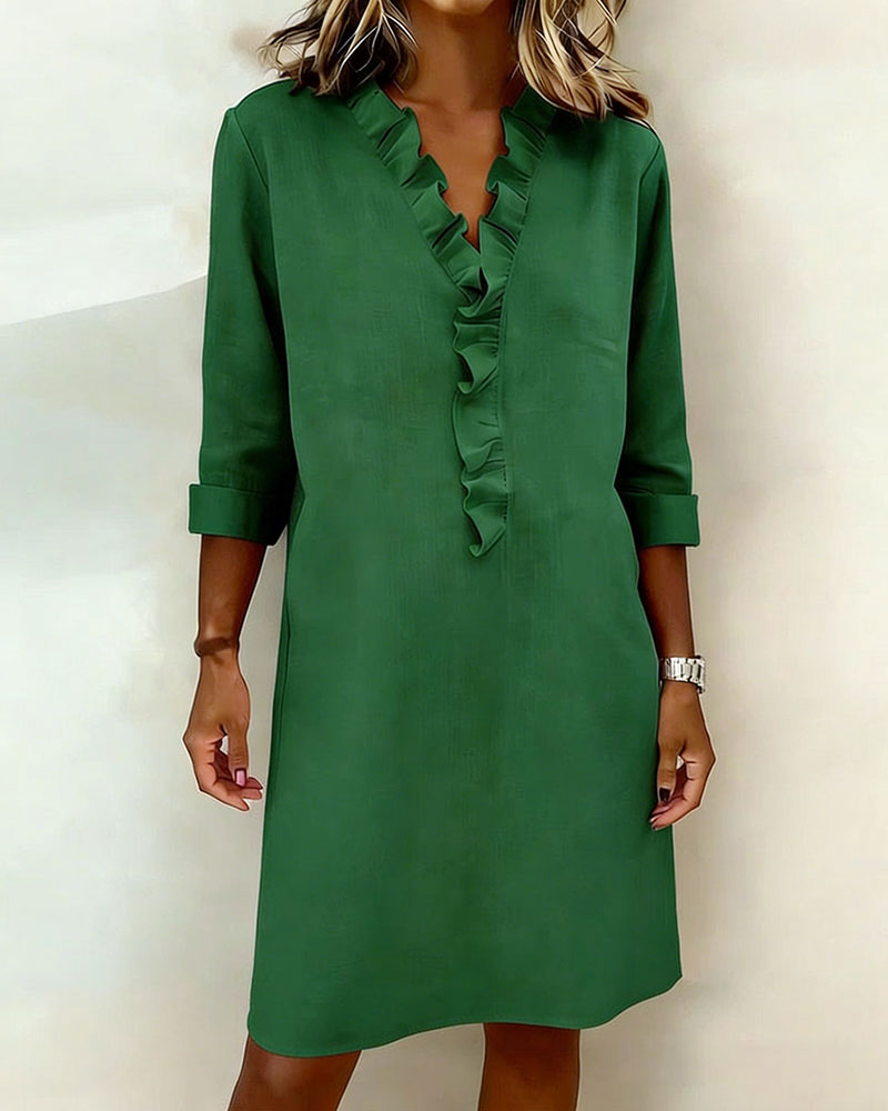 Plain V-Neck Ruffled Dress