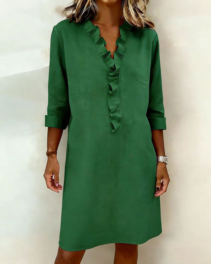 Plain V-Neck Ruffled Dress