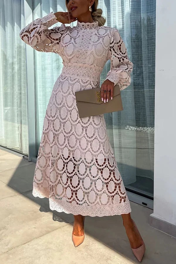 Elegant Crochet Lace Lantern Sleeve Party Midi Dress