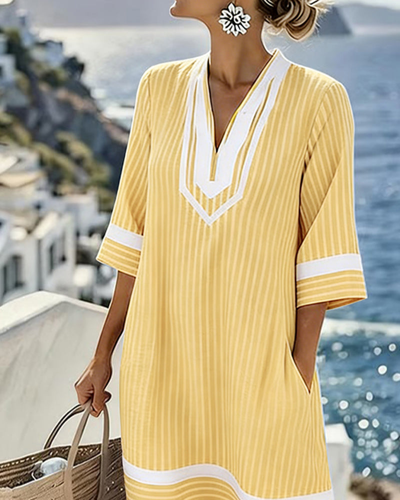 Striped V-Neck Short Sleeve Dress
