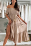 Solid Color Off-the-shoulder Pleated Waist Midi Dress