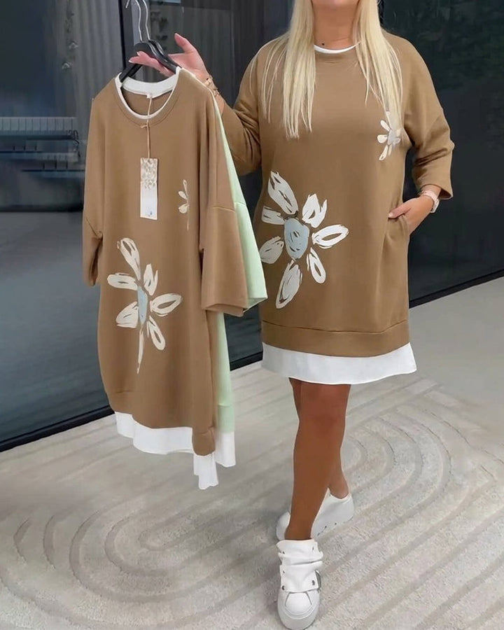 Women's Patchwork Print Crew Neck Sweatshirt Dress