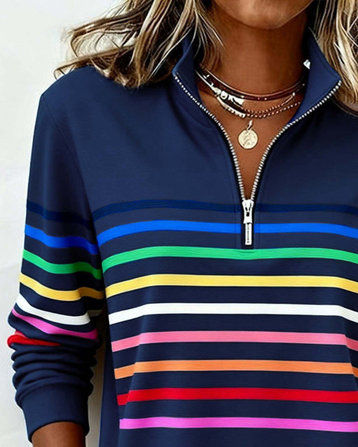Trendy Rainbow Stripe Half Zip Neck Sweatshirt