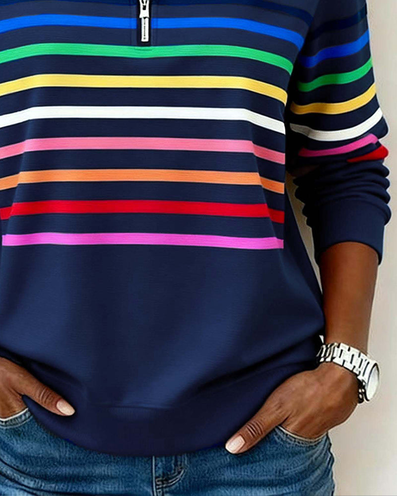 Trendy Rainbow Stripe Half Zip Neck Sweatshirt