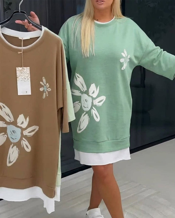 Women's Patchwork Print Crew Neck Sweatshirt Dress