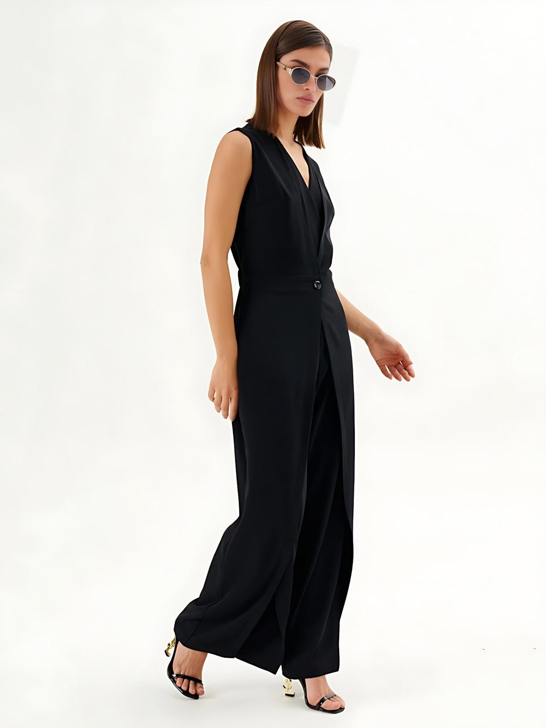 Black Sleeveless Wrap-Effect Wide-Leg Jumpsuit