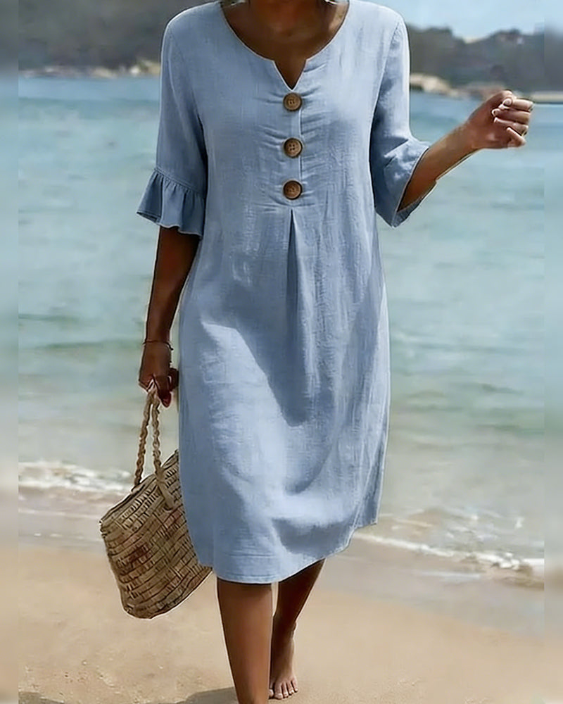 Button-front Cotton Dress With Ruffled Sleeves
