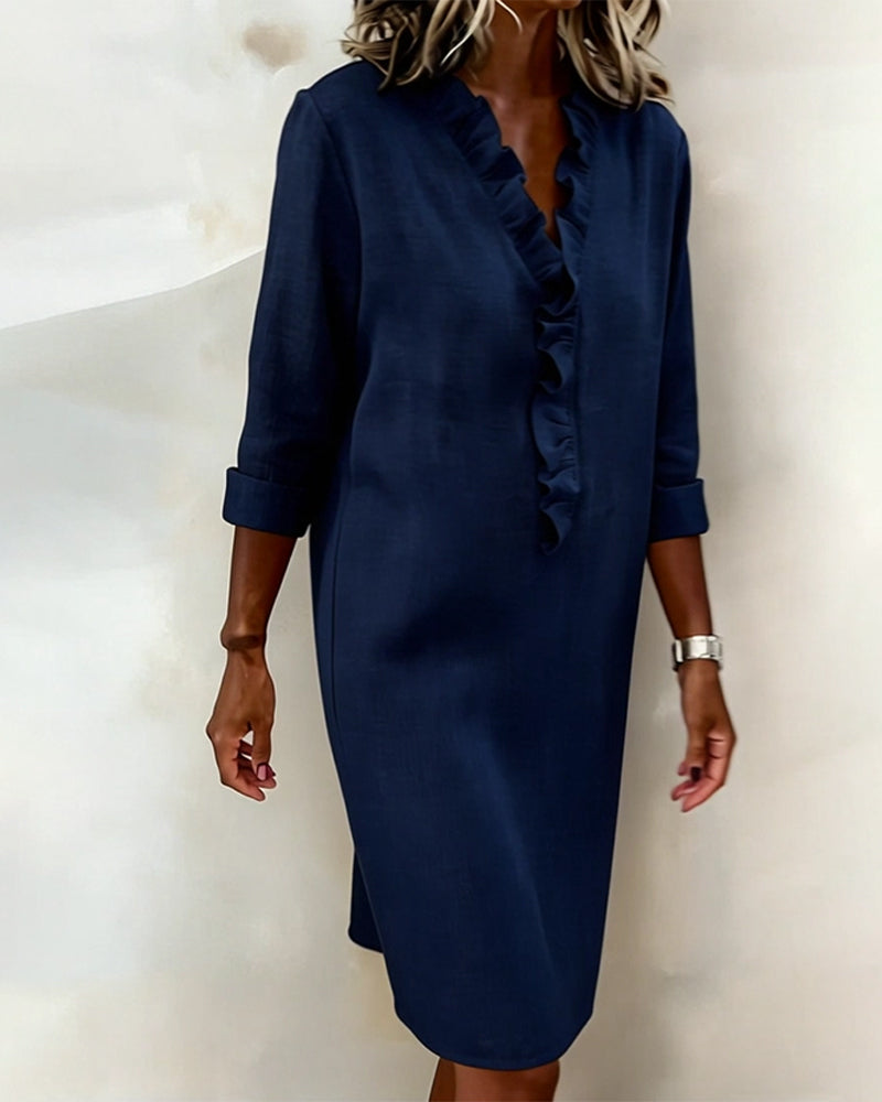Plain V-Neck Ruffled Dress