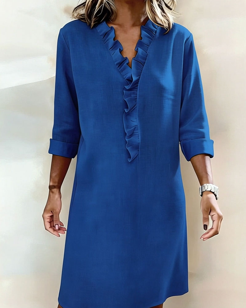 Plain V-Neck Ruffled Dress