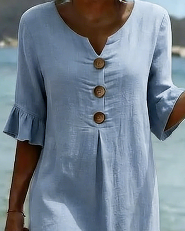 Button-front Cotton Dress With Ruffled Sleeves