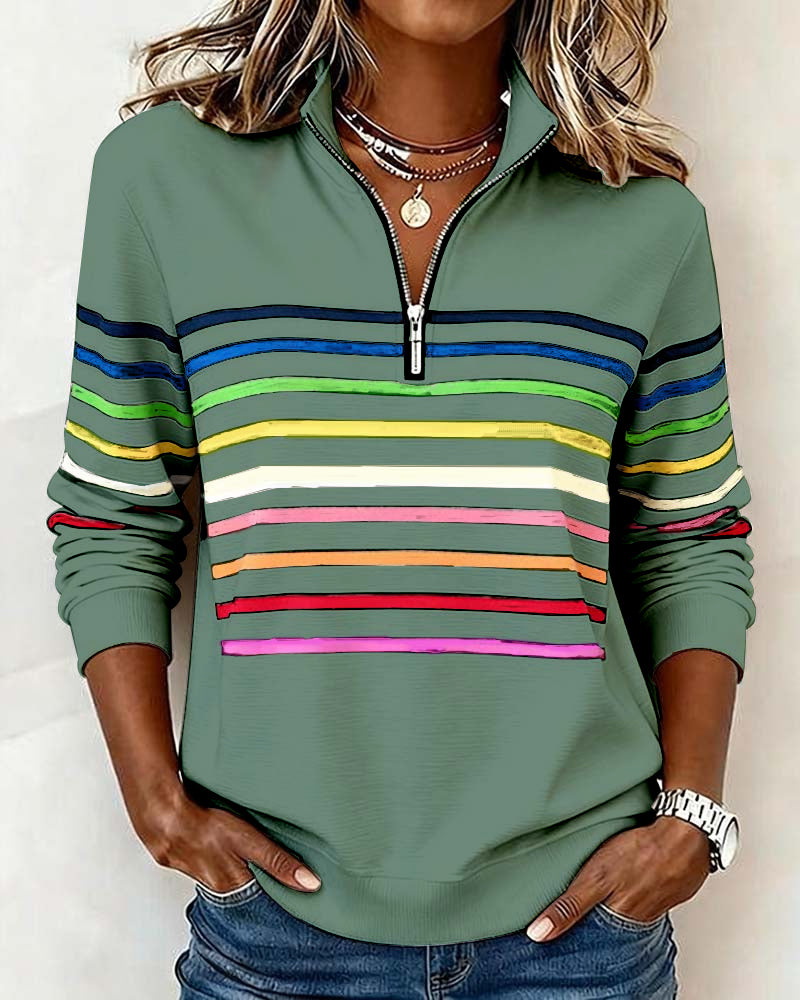 Trendy Rainbow Stripe Half Zip Neck Sweatshirt