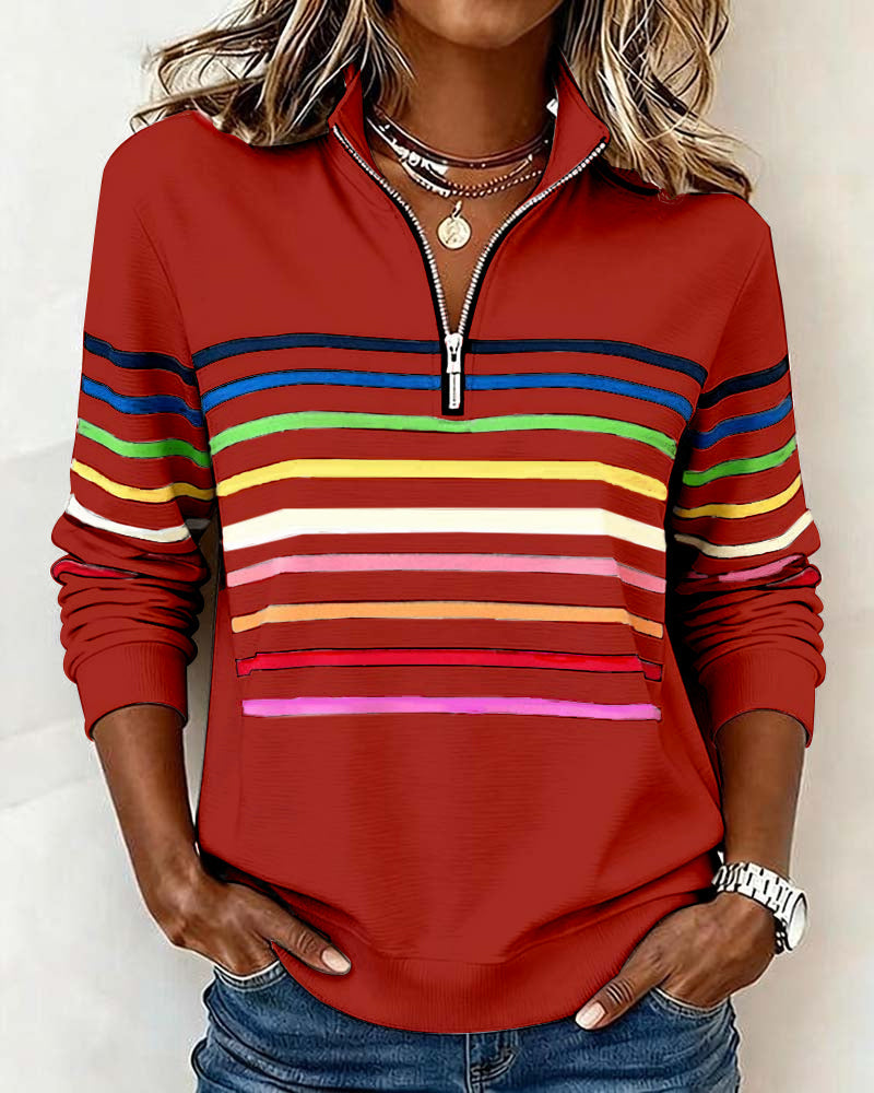 Trendy Rainbow Stripe Half Zip Neck Sweatshirt