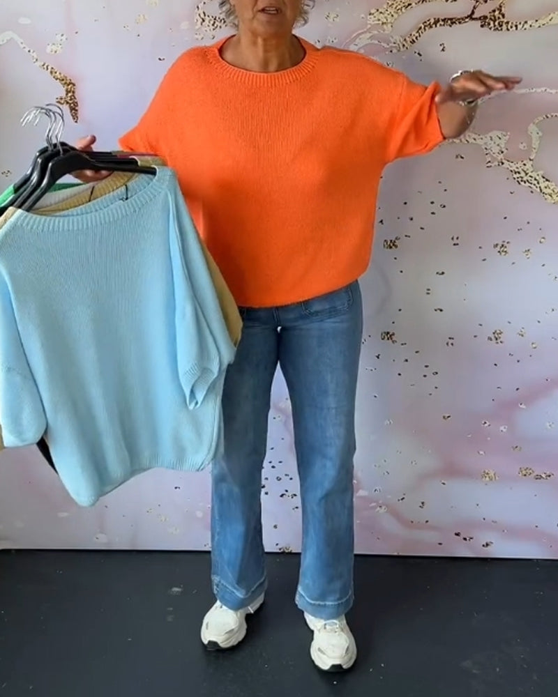 Women's Casual Loose Fitted Solid Color Crew Neck Sweater