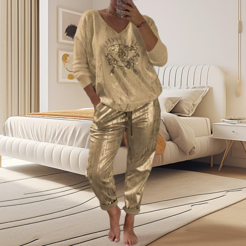 Women's 2-piece Set: Gold Eye Foil Top And Sequined Pants