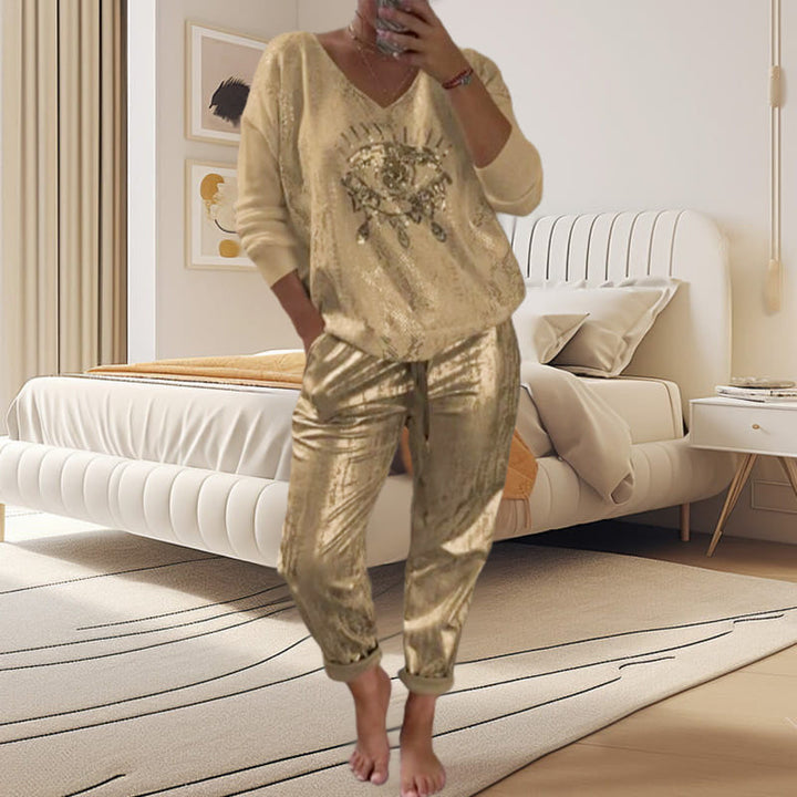 Women's 2-piece Set: Gold Eye Foil Top And Sequined Pants