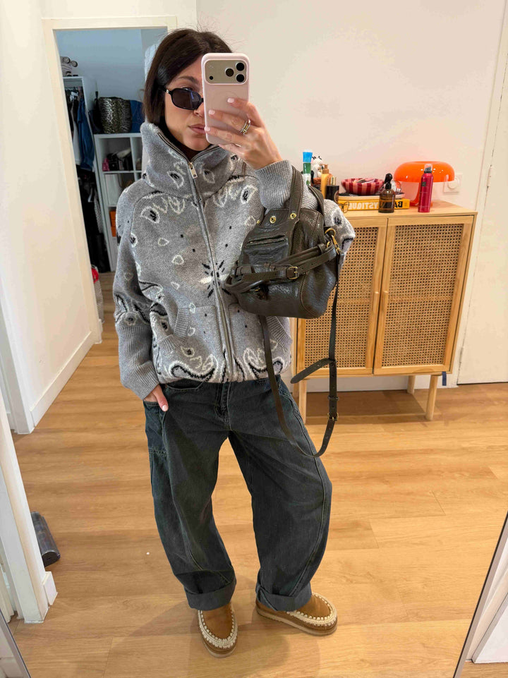 Gray Bandana Patterned Cardigan