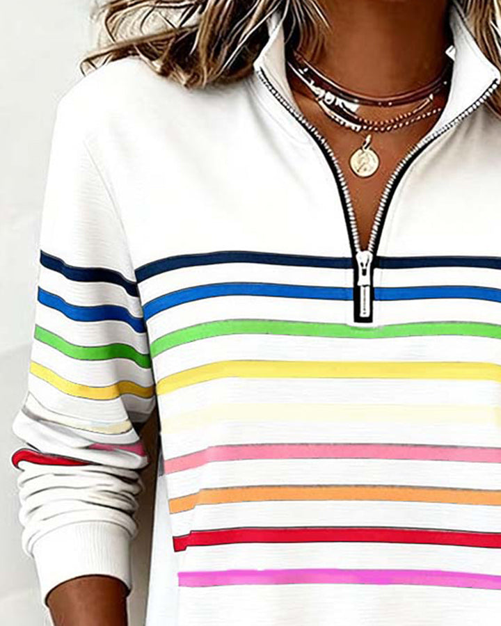 Trendy Rainbow Stripe Half Zip Neck Sweatshirt