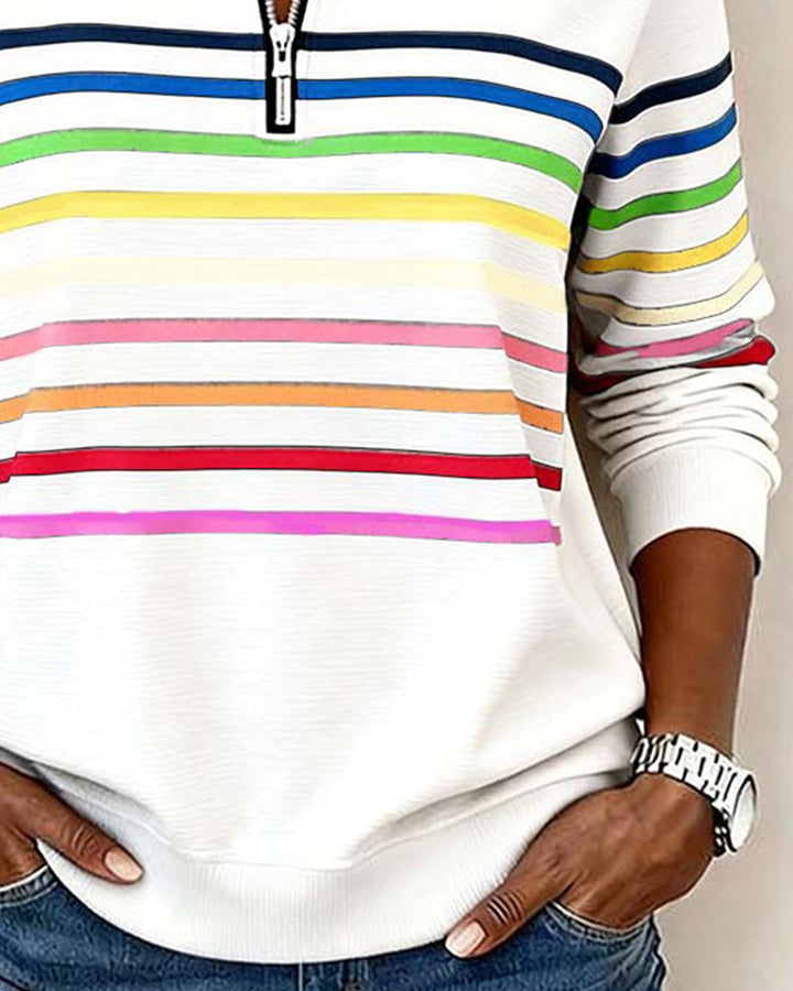 Trendy Rainbow Stripe Half Zip Neck Sweatshirt