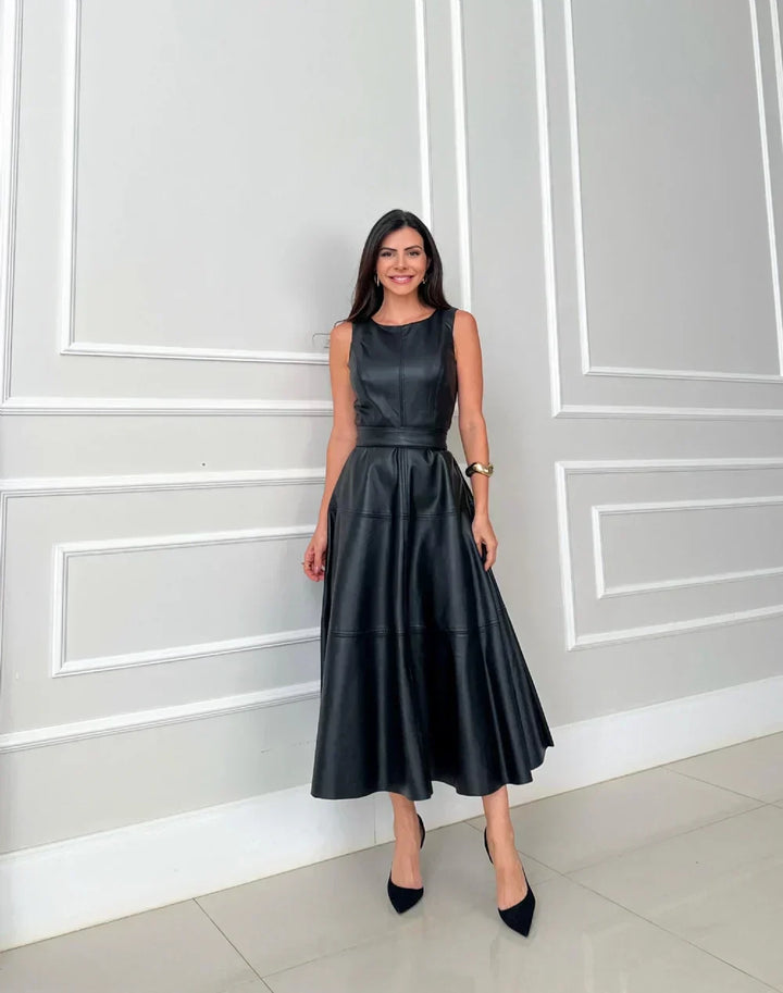 Luise™ | Elegant Midi Faux Leather Dress