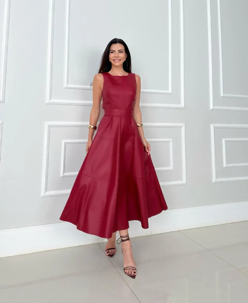 Luise™ | Elegant Midi Faux Leather Dress