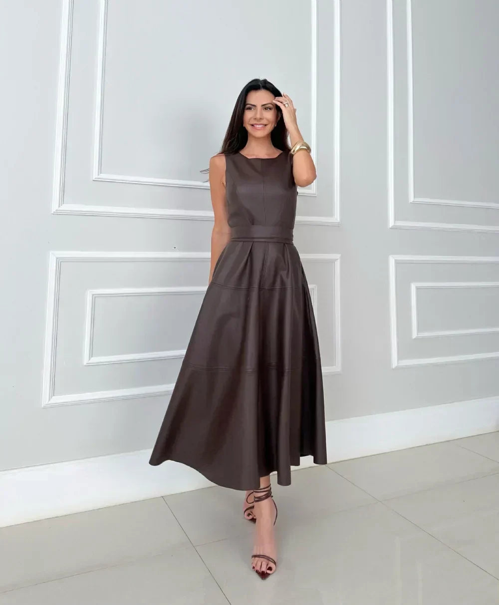 Luise™ | Elegant Midi Faux Leather Dress