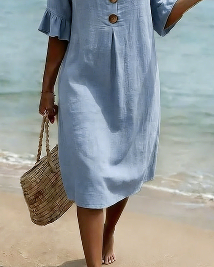 Button-front Cotton Dress With Ruffled Sleeves