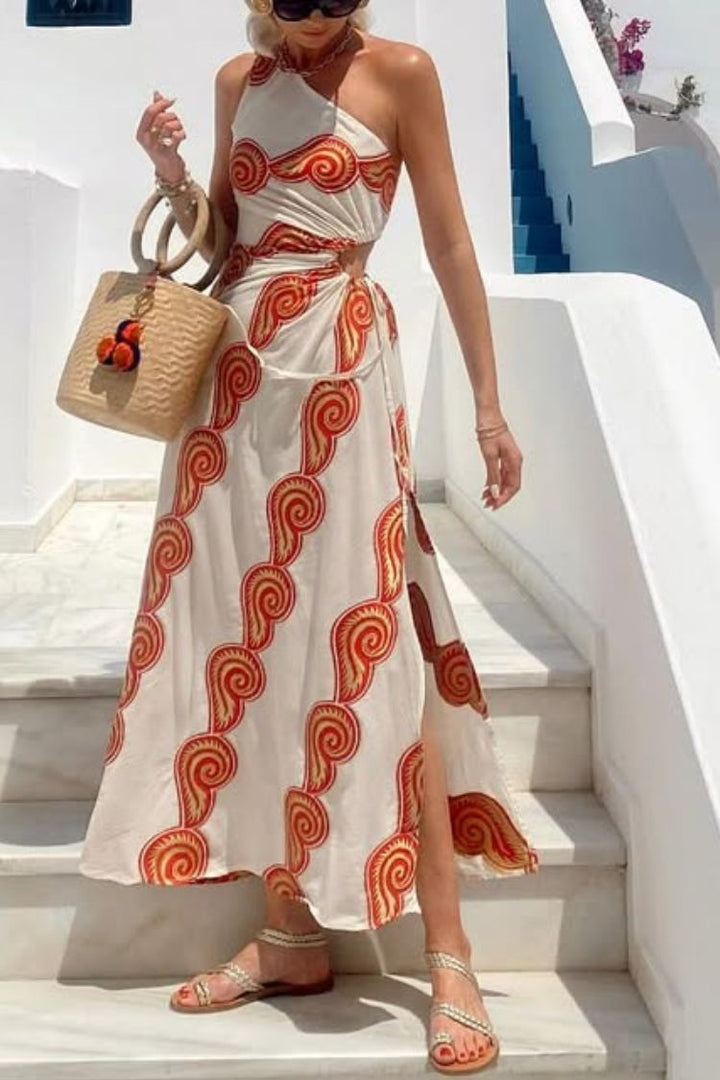 Sunny Linen Blend Shell Print One Shoulder Cutout Waist Tie-up Slit Maxi Dress
