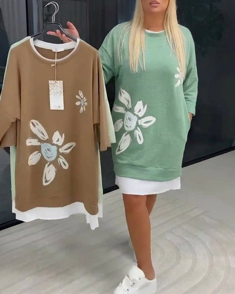 Women's Patchwork Print Crew Neck Sweatshirt Dress