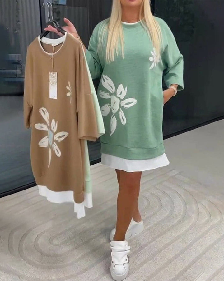 Women's Patchwork Print Crew Neck Sweatshirt Dress