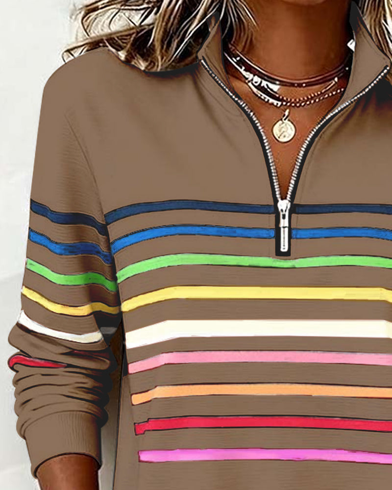Trendy Rainbow Stripe Half Zip Neck Sweatshirt