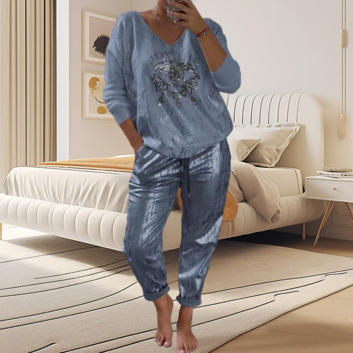 Women's 2-piece Set: Gold Eye Foil Top And Sequined Pants