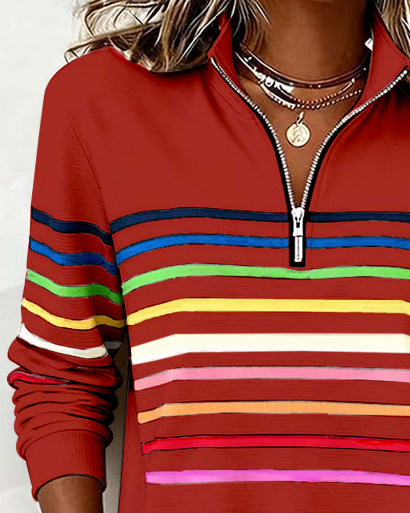 Trendy Rainbow Stripe Half Zip Neck Sweatshirt