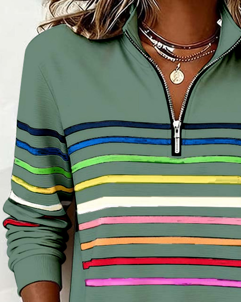 Trendy Rainbow Stripe Half Zip Neck Sweatshirt