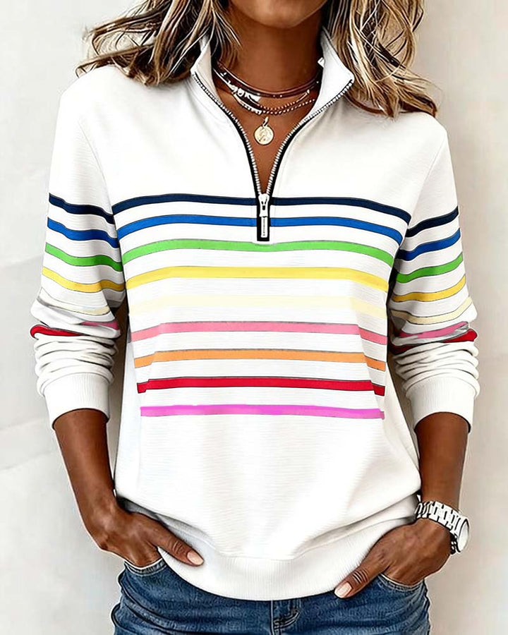 Trendy Rainbow Stripe Half Zip Neck Sweatshirt