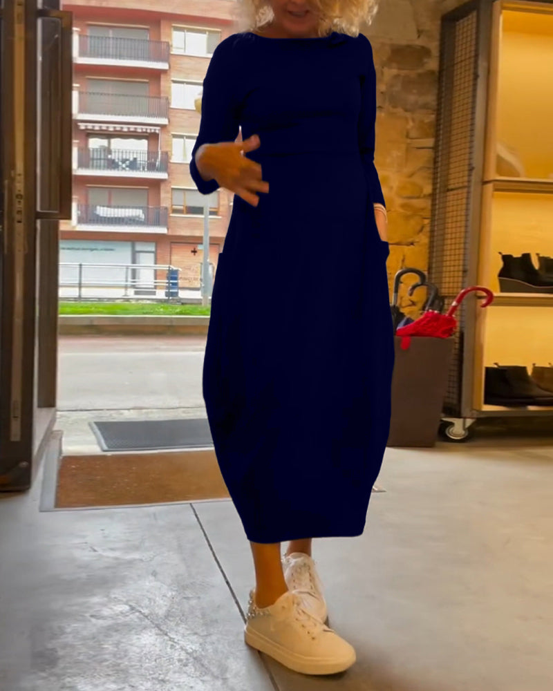 Tavina™ | Elegant Round Neck Pocket Dress