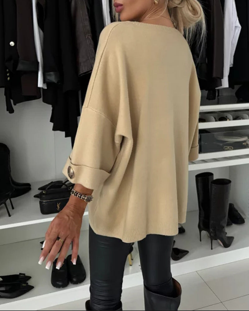 Women's Trendy Round Neck Button-Front Sweater