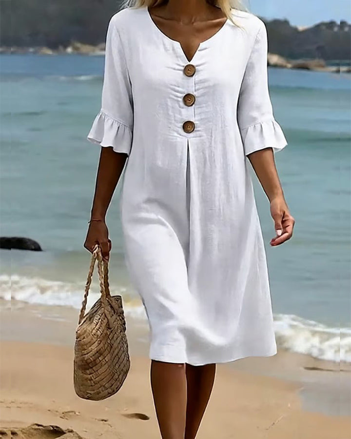 Button-front Cotton Dress With Ruffled Sleeves