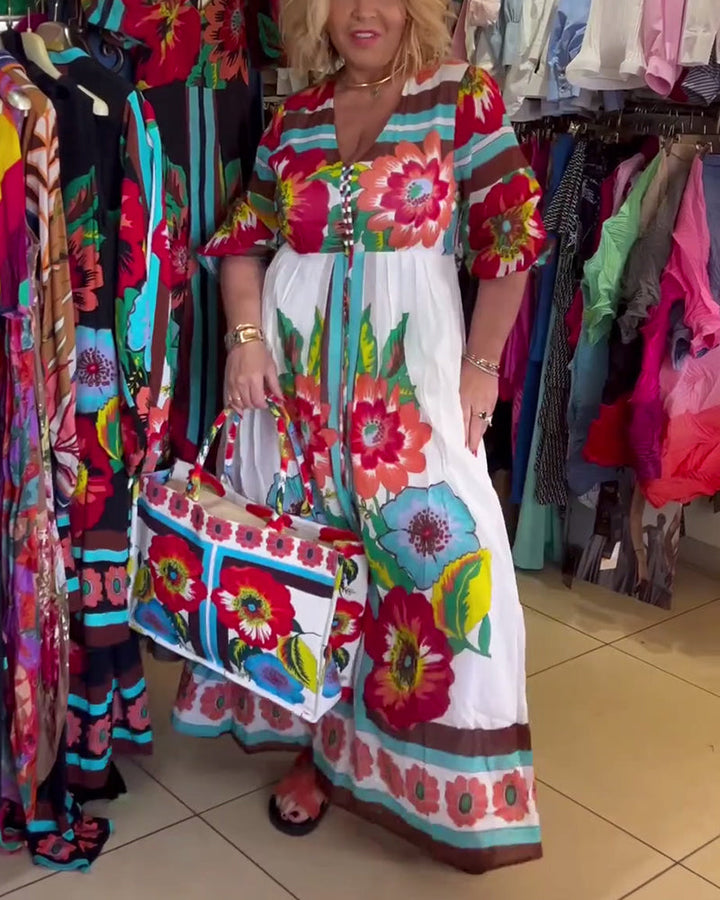 Loose-fitting, Deep V-neck Floral Dress