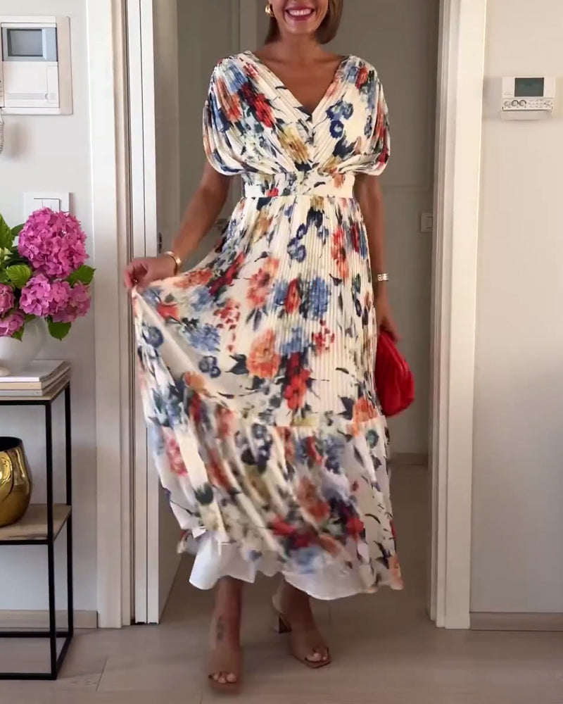 MAYA- Elegant floral print pleated dress