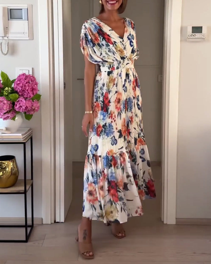 MAYA- Elegant floral print pleated dress