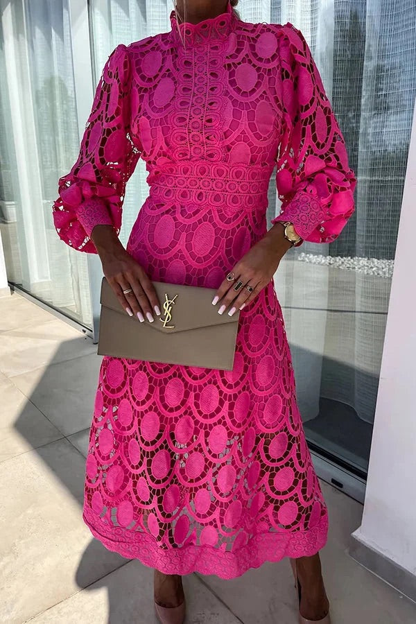 Elegant Crochet Lace Lantern Sleeve Party Midi Dress