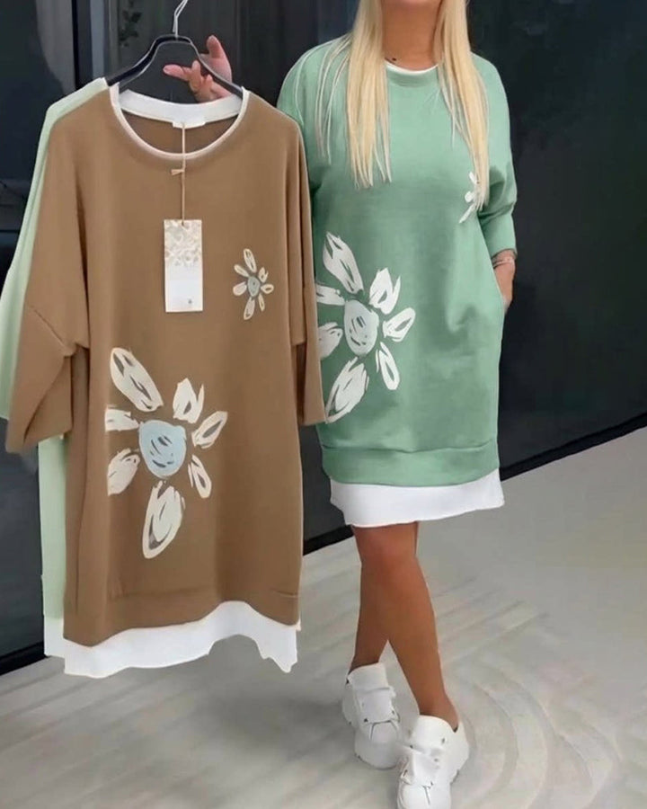 Women's Patchwork Print Crew Neck Sweatshirt Dress