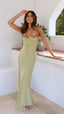 Luz - Embroidered Stitching Solid Color Satin Dress