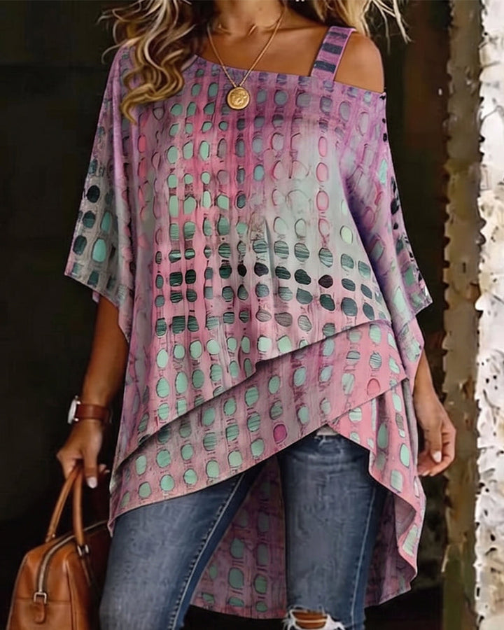 Irregular Shoulder Polka Dot Print Blouse