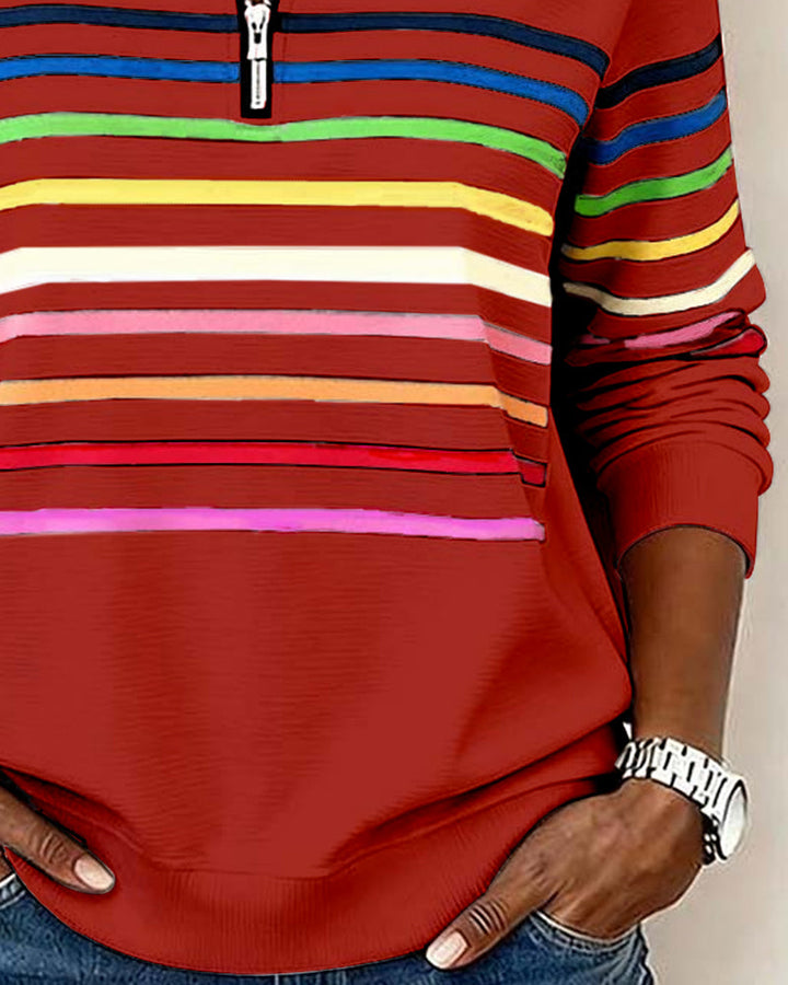 Trendy Rainbow Stripe Half Zip Neck Sweatshirt