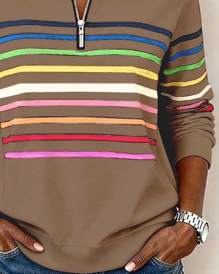 Trendy Rainbow Stripe Half Zip Neck Sweatshirt