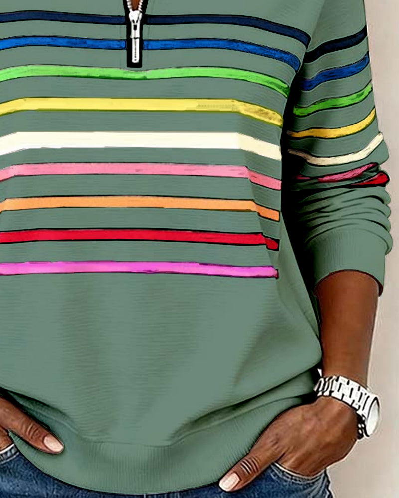 Trendy Rainbow Stripe Half Zip Neck Sweatshirt