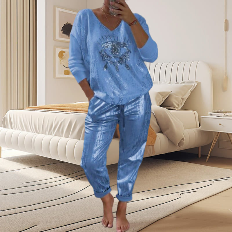 Women's 2-piece Set: Gold Eye Foil Top And Sequined Pants